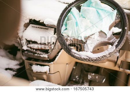Accident Automobile. Salon Crashed Car Covered With Snow. Supplemental Restraint System
