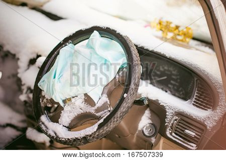 Accident Automobile. Salon Crashed Car Covered With Snow. Supplemental Restraint System
