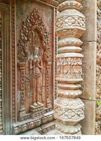 Stucco elements of the abandoned hotel in angkor style. Style of the temple ruins of the Khmer The jungle of Koh Phangan Thailand