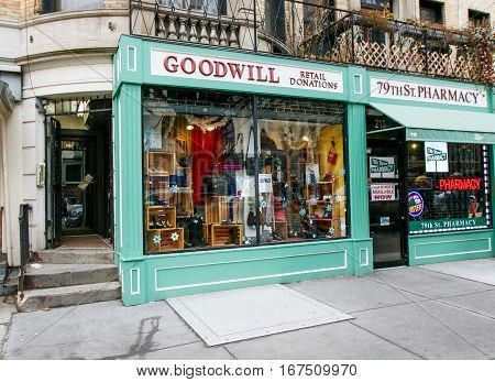 New York January 21 2017: Front of a Goodwill store on west 79 street in Manhattan.