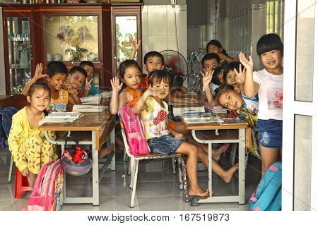 Phu Quock , Vietnam, Januar 15, 2017: Unidentified vietnamese school children in private school having lesson in Phu Quock island, Vietnam, Januar 15, 2017.