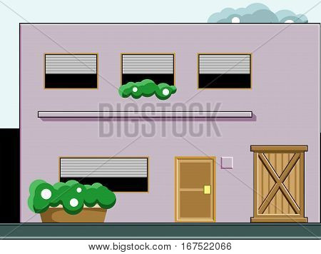 A house of 2 floors with trees on the front and clouds in the sky. Vector flat illustration.