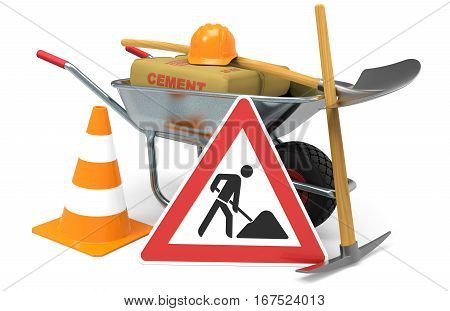 Wheelbarrow with cement shovel traffic sign traffic cone and safety helmet isolated on white background 3D rendering