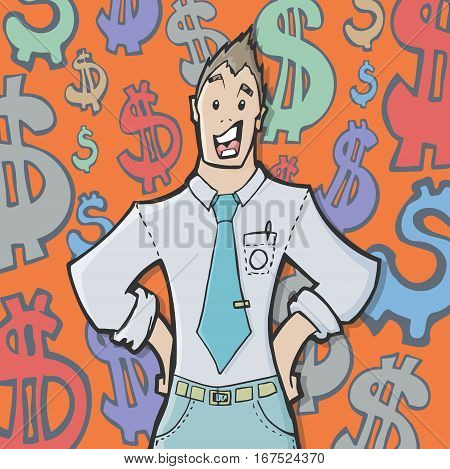 Colorful vector illustration of a Business man selling a presentation with confidence. Dressed in shirt and tie. With dollar signs on the background.