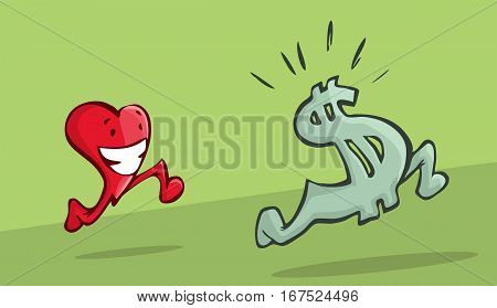 A beautiful illustration of a heart chasing a dollar sign. inflation concept.