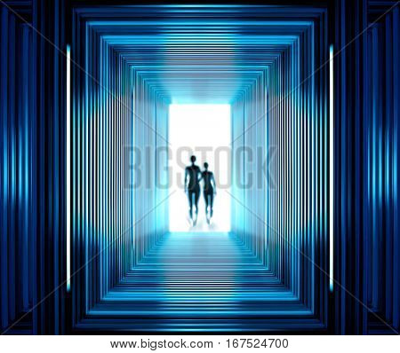 Fantastic tunnel from which is visible silhouette of aliens