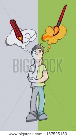 Stylish illustration of a man deciding between using a black and white pencil or painting in color with a brush.