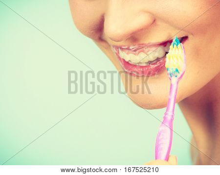 Woman Brushing Cleaning Teeth