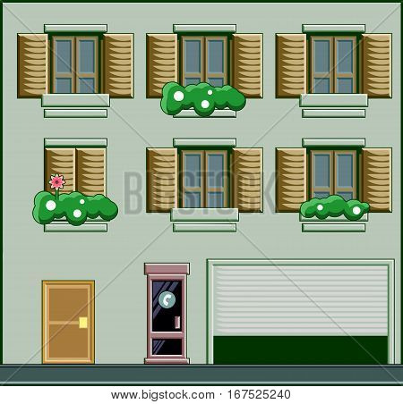A building with windows and plants. And a telephone cab in the front. Vector flat illustration.