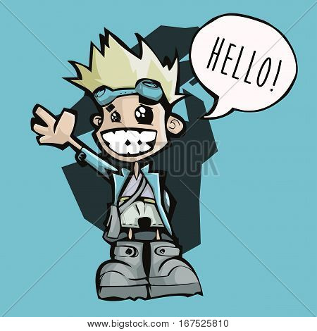 Vector Illustration of a happy little man waving at camera saying Hello! With Blonde hair big smile and light blue coat