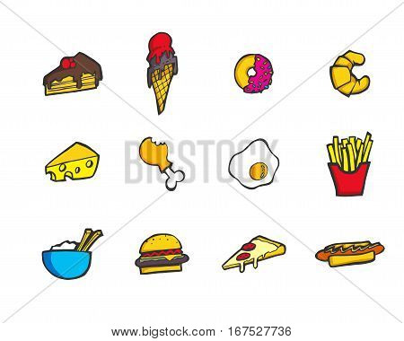 Set of colorful hand drawn cartoon style food and desserts icon.