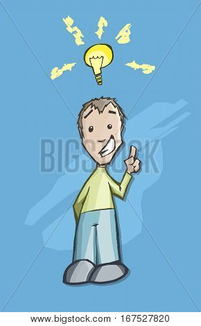 A happy man having a creative idea with a surprised face and shy expression... A glowing lightbulb is over his head.