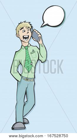 Vector illustration of a businessman talking on the phone with a speech baloon and copy space dressed in a green shirt and tie.