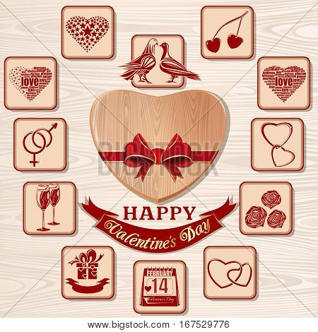 Valentines Day icon set. Symbols of Valentine's Day. Icons collection for Valentines Day on a wooden background. Vector illustration