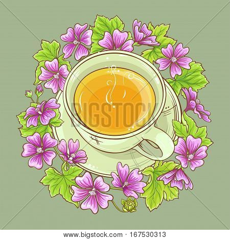 cup of malva tea on color background