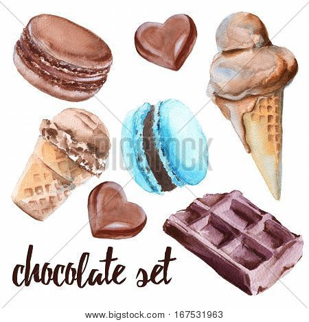 Set of chocolate sweets. Cake, candy, ice cream and macaroon. Isolated on white background. Watercolor illustration