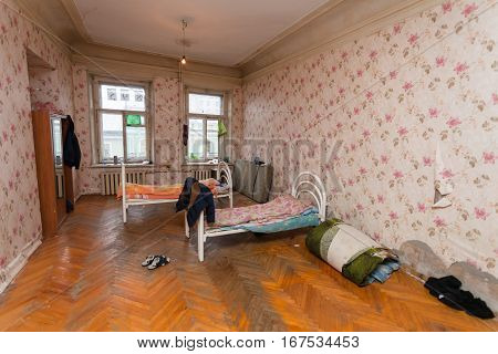 Sleeping and eating area for refugees in the temporary apartment for living (existence)