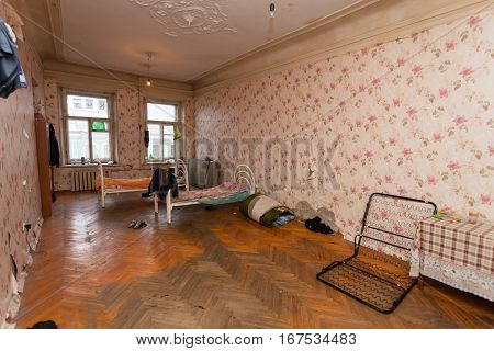 Sleeping and eating area for refugees in the temporary apartment for living (existence)