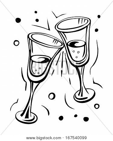 Pair of champagne glasses sketch style vector illustration isolated on white background. Hand drawn drawing.