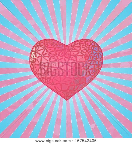 Glowing stylize triangular pink symbol heart with blue and pink shining and polygonal BG