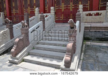 Stairs in Shenyang Imperial Palace Mukden Palace, Shenyang, Liaoning Province, China. Shenyang Imperial Palace is UNESCO world heritage site built in 400 years ago.