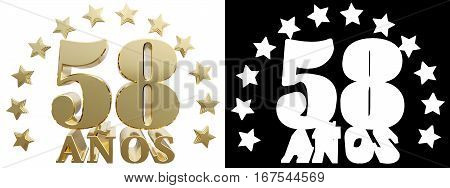 Golden digit fifty eight and the word of the year decorated with stars. Translated from the Spanish. 3D illustration