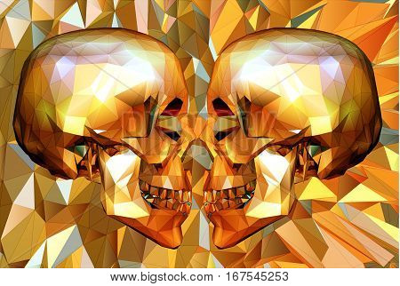 Two low polygon skull in side view facing to each other on orange polygonal background