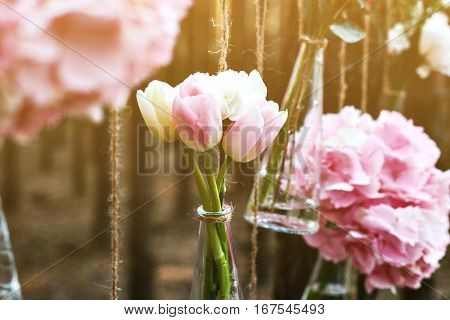 Wedding flowers decoration arch in the forest. The idea of a wedding flower decoration. wedding concept in nature.