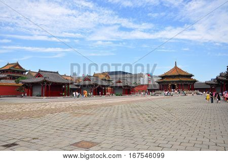 SHENYANG, CHINA - JUL. 26, 2012: Dazheng Hall in the center of Shenyang Imperial Palace Mukden Palace, Shenyang, Liaoning Province, China. Shenyang Imperial Palace is UNESCO world heritage site.