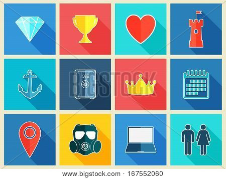 Flat design icons with long shadow effect. Set of various symbols in flat style. Vector illustration.