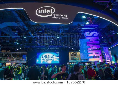 LAS VEGAS - JAN 08 : The Intel booth at the CES show in Las Vegas on January 08 2017 CES is the world's leading consumer-electronics show.