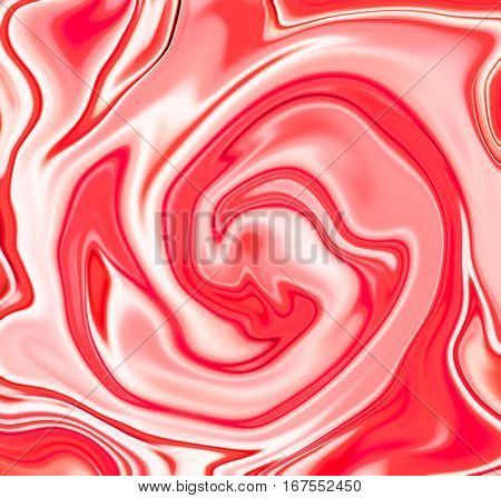 Strawberry milk candy swirl abstract background. Pink white liquid mix. Red and white suminagashi or marble texture. Strawberry yogurt or strawberry cream flow. Dessert food package or identity design