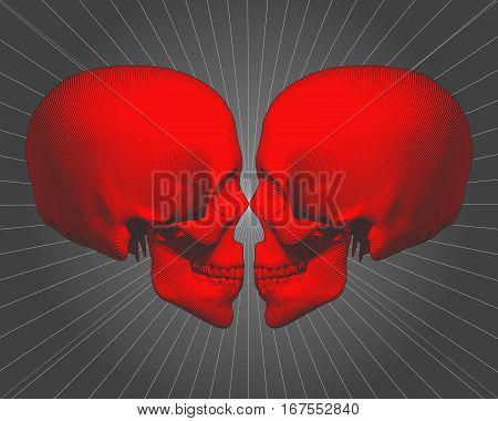 A pair of red engraving skull vector illustration side view facing on shining gray background