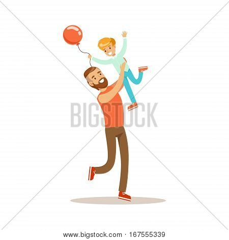 Dad Throwing Son In The Air, Loving Father Enjoying Good Quality Daddy Time With Happy Kid. Child And Parent Having Fun Together Vector Cartoon Illustration.