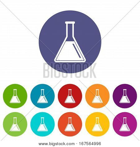 Test tube with oil set icons in different colors isolated on white background