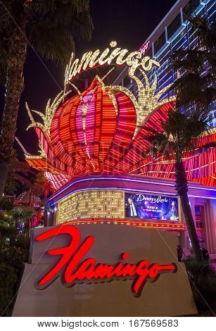 LAS VEGAS - NOV 24 : The Flamingo hotel and casino on November 24 2016 in Las Vegas. The hotel opened by Bugsy Segal on 1946 and it's the oldest resort on the Strip still in operation
