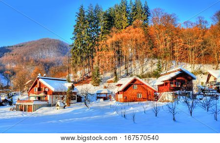 Winter scene from Firiza village, (traditional house architecture) in Transykvania - Romania - winter season