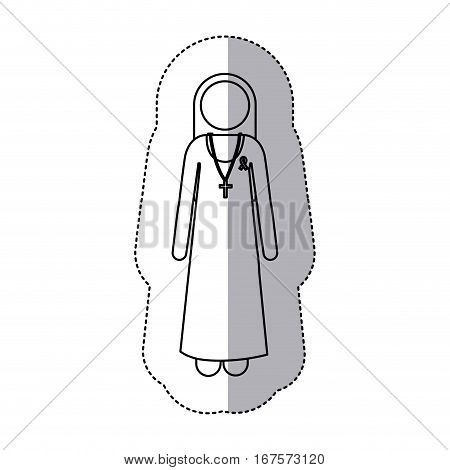 sticker slhouette nun with ribbon of breast cancer . Vector illustration