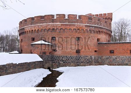 Tower of Der Dona now museum of Amber. Part of the german defensive fortifications in the Konigsberg. After Second World War Konigsberg was called Kaliningrad and became part of Russia.
