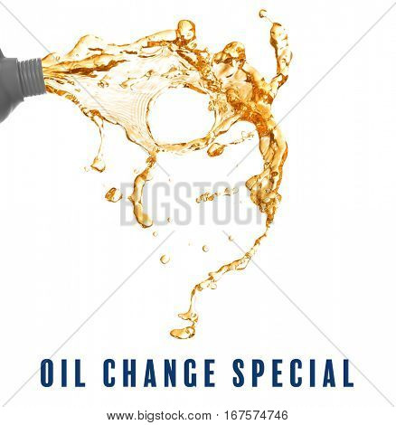 Plastic canister and oil splash on white background