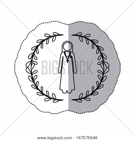 sticker slhouette arch of leaves and nun with ribbon of breast cancer vector illustration