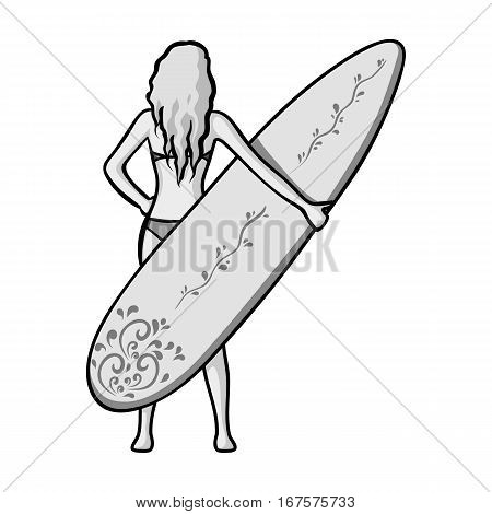 Girl is holding a surfboard icon in monochrome design isolated on white background. Surfing symbol stock vector illustration.