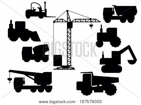Set of construction equipment. Vector illustration. Black silhouette isolated on white background