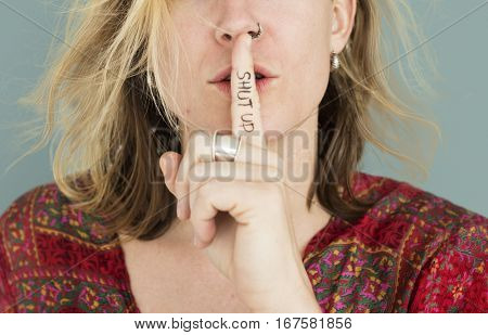 Woman Quiet Shut Up Secret Shh Portrait Concept