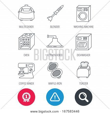 Achievement and search magnifier signs. Dishwasher, washing machine and blender icons. Kitchen hood, coffee maker and toaster linear signs. Oven, multicooker and waffle-iron icons. Vector