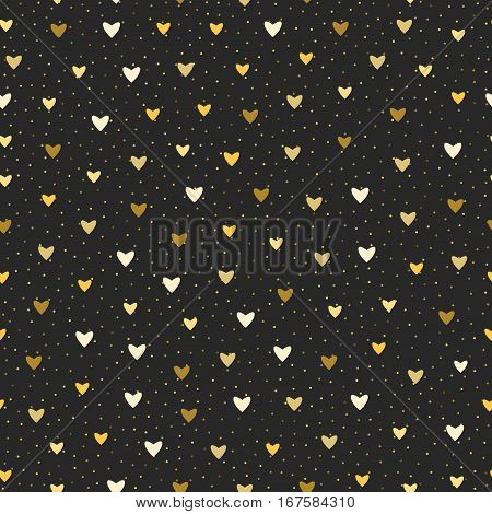 Seamless vector pattern. Holiday Valentine background with small gold and white hearts on blackboard.