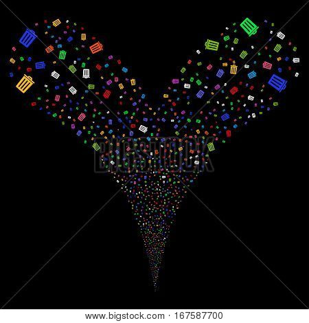 Dustbin fireworks stream. Vector illustration style is flat bright multicolored iconic symbols on a black background. Object double fountain created from random icons.