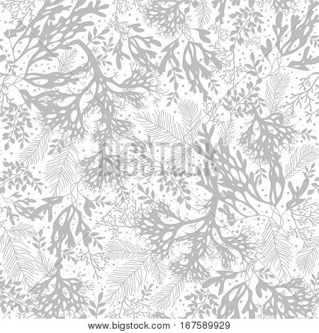 Vector Silver Grey Seaweed Texture Seamless Pattern Background. Great for elegant gray texture fabric, cards, wedding invitations, wallpaper. Textile pattern design.