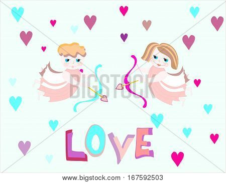 boy and girl angels fly with bow. Valentine day