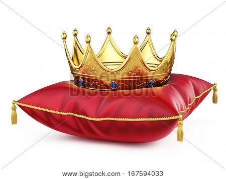 Royal gold crown on red pillow isolated on white. 3d rendering